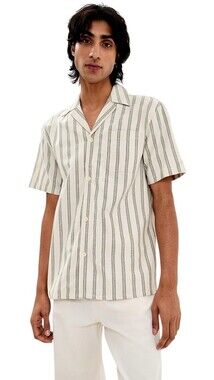 Les Deux Shirt Mens XS White Chive Green Lawson Stripe Short Sleeve Button Up